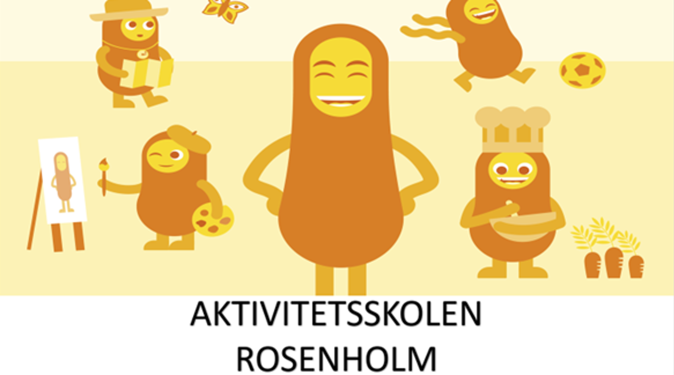 En tegnning av smilende figurer som leser, sparker fotball, maler og baker.