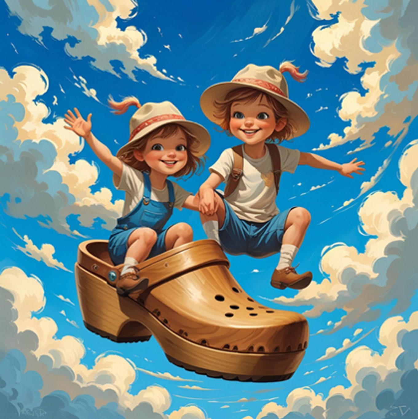 Foto: Laget med KI To barn som flyr på en tresko. Himmel og skyer i bakgrunnen