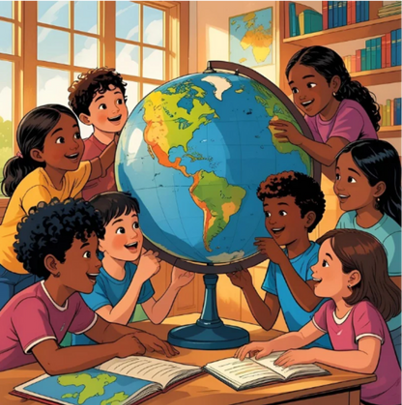 Foto: Laget med KI En gruppe barn i et klasserom, rundt en globus